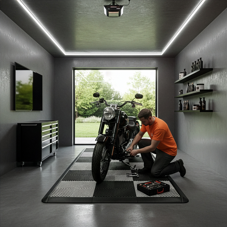 Cartrax interlocking premium Motorcycle Mat Canada in a modern garage